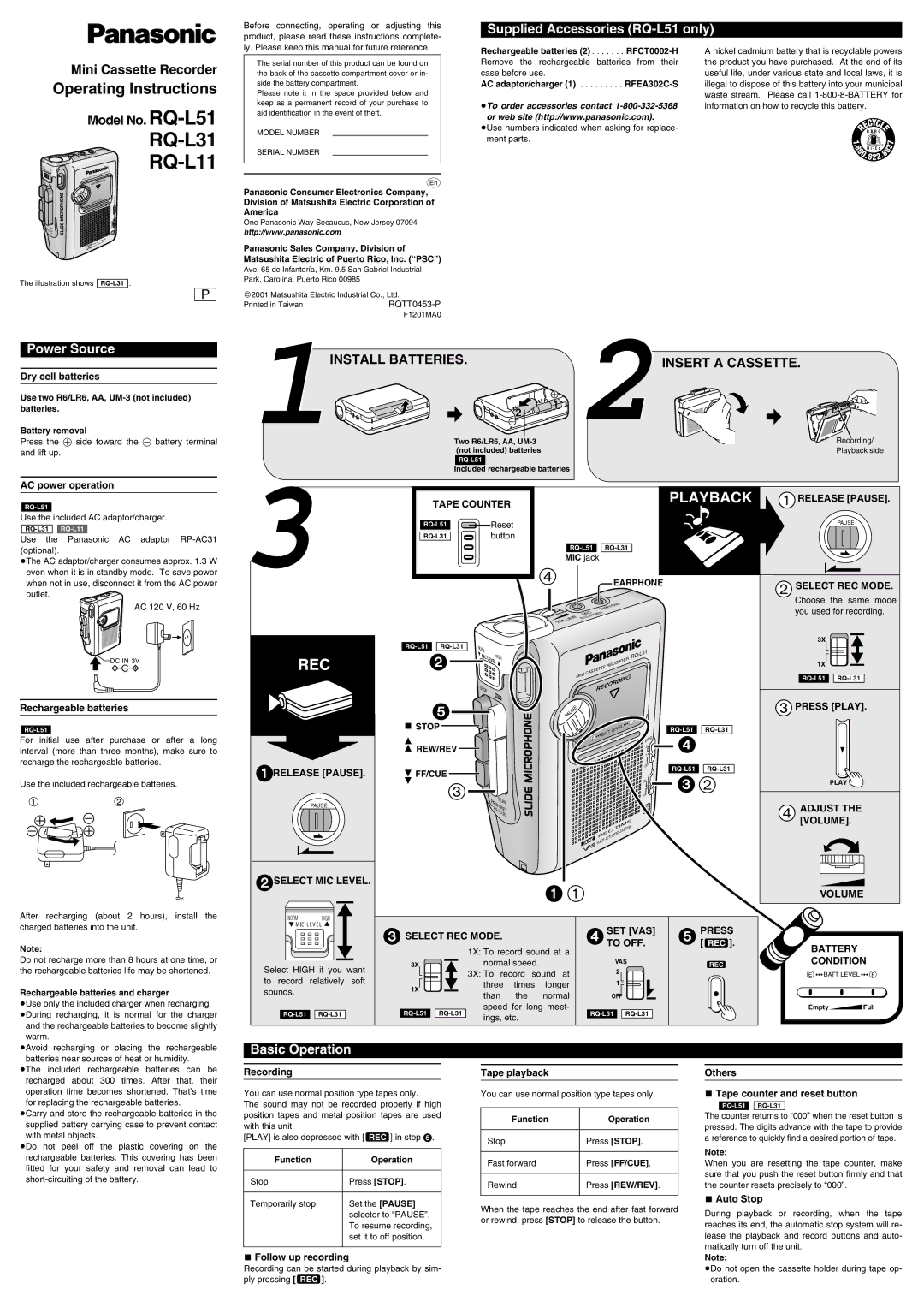 Panasonic RQ-L31, RQ-L51 operating instructions Dry cell batteries, AC power operation, Rechargeable batteries, Recording 