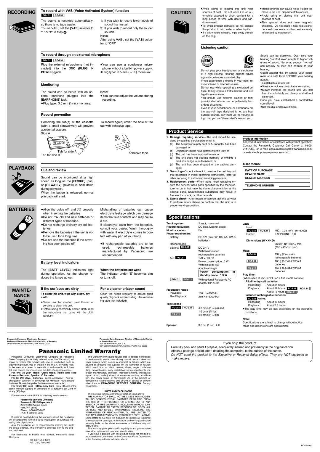 Panasonic RQ-L11 To record with VAS Voice Activated System function, To record through an external microphone, Monitoring 