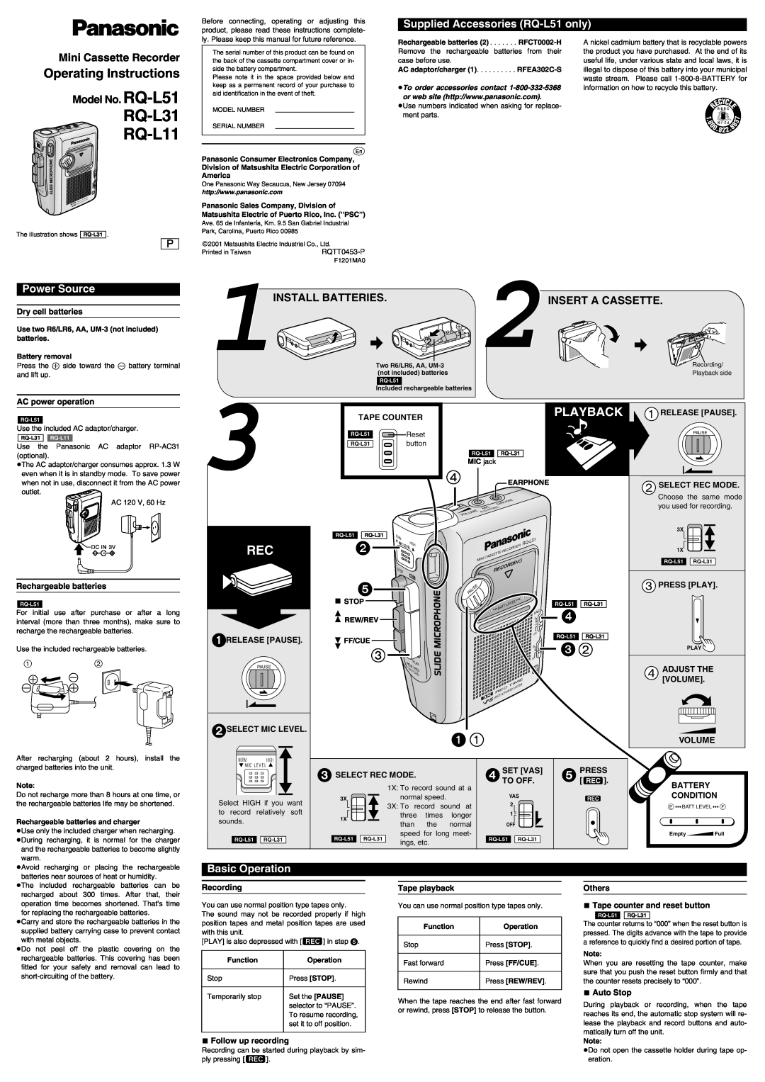 Panasonic RQ-L31 operating instructions Operating Instructions, Mini Cassette Recorder, Model No. RQ-L51, Power Source 