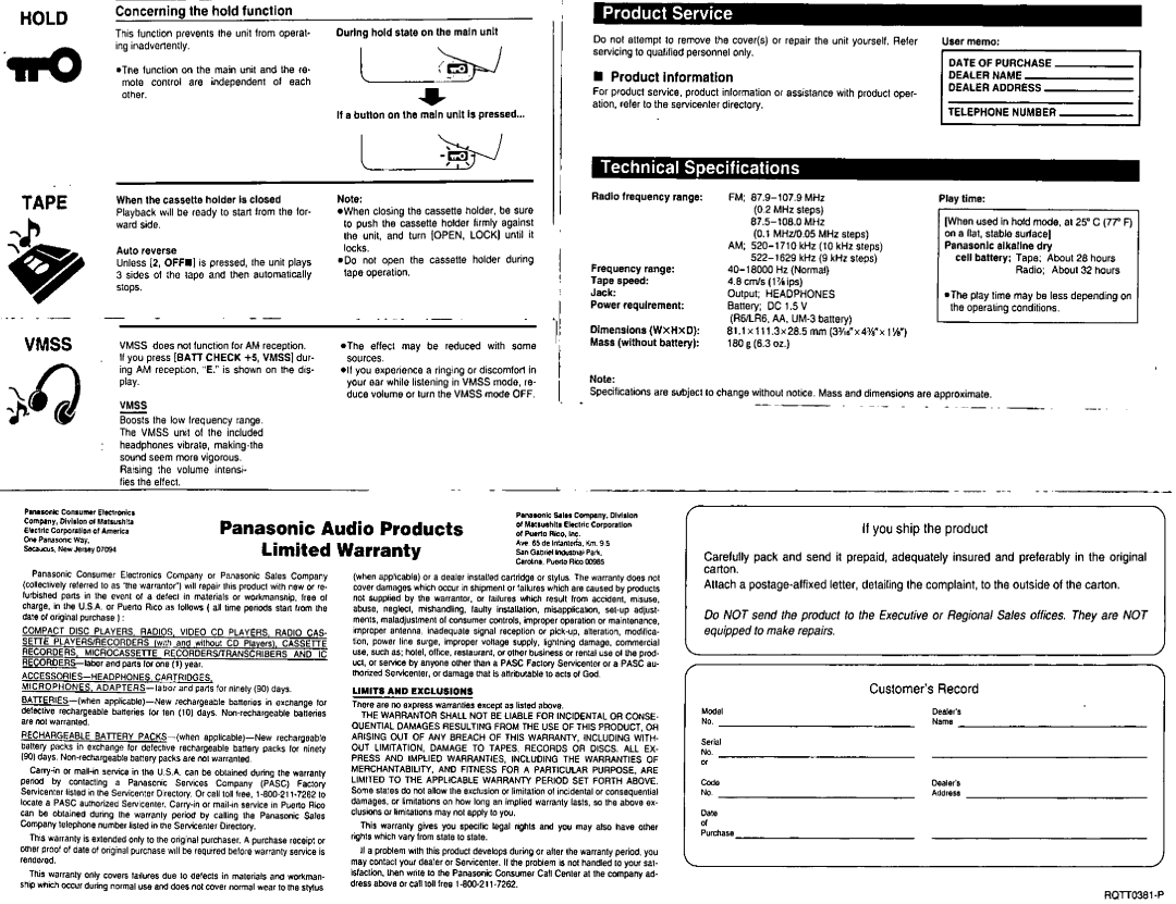 Panasonic RQ-SW09V manual 