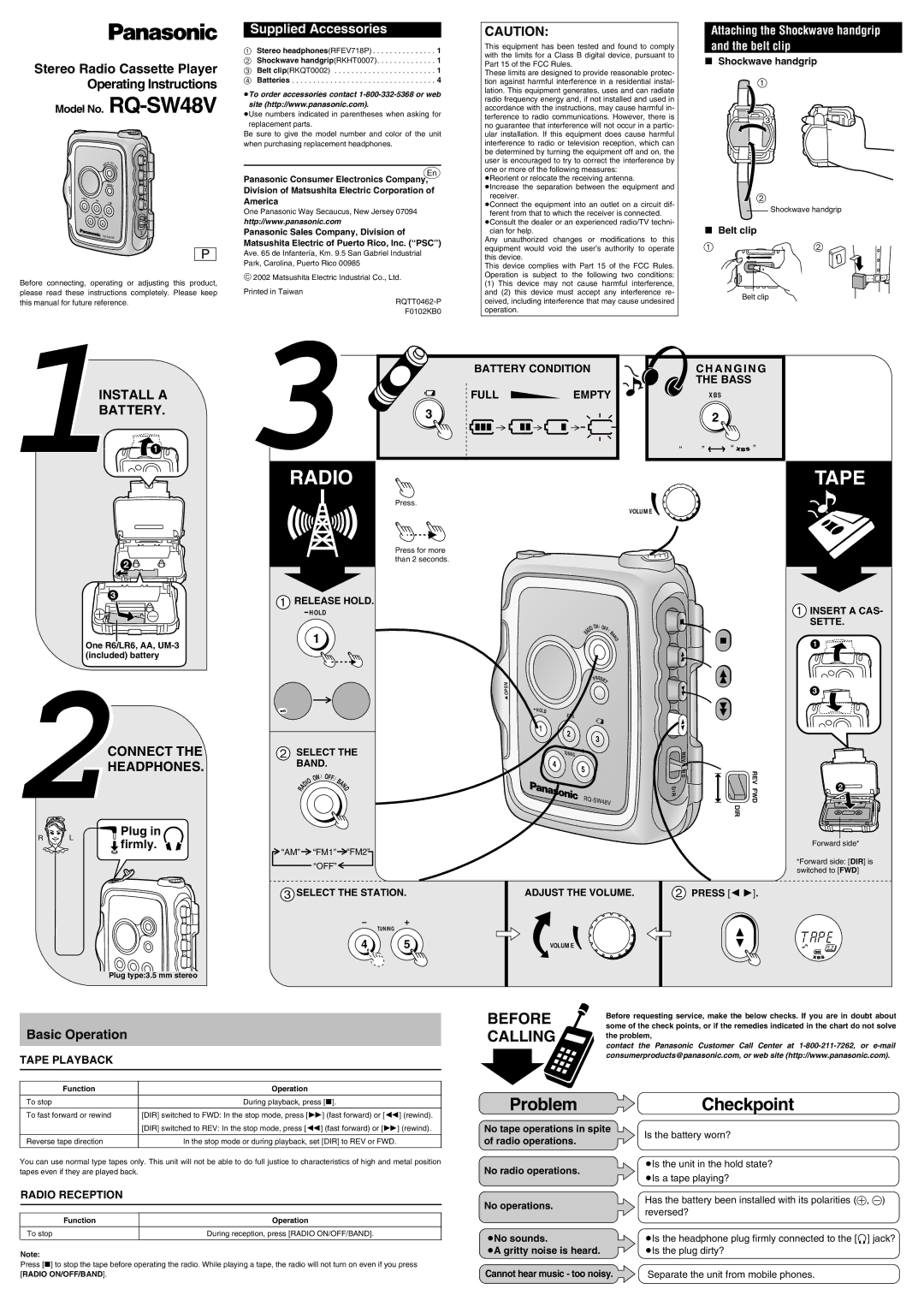 Panasonic RQ-SW48V manual Shockwave handgrip, Belt clip, Press 2 