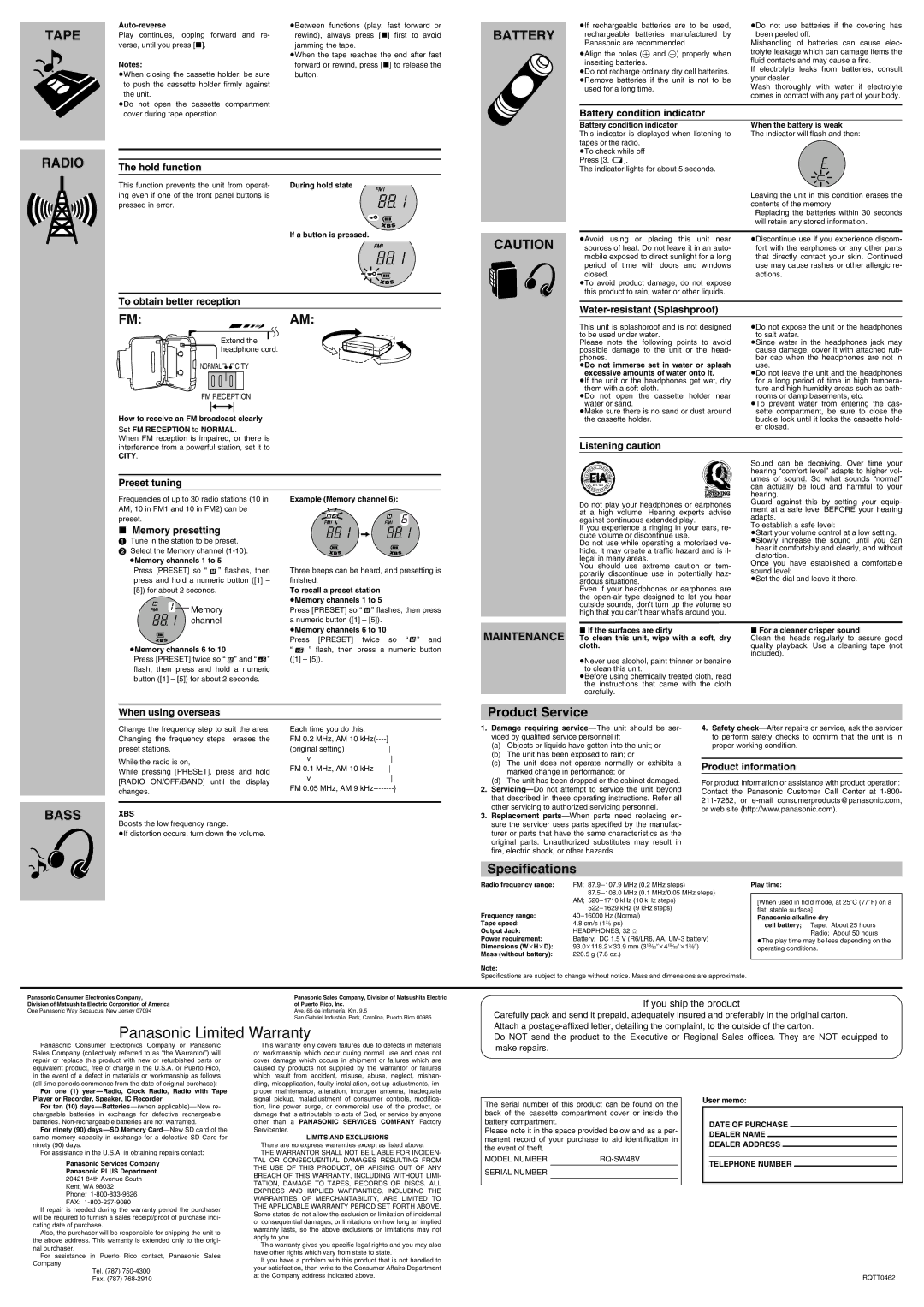 Panasonic RQ-SW48V manual Hold function, To obtain better reception, Preset tuning, Memory presetting, Listening caution 