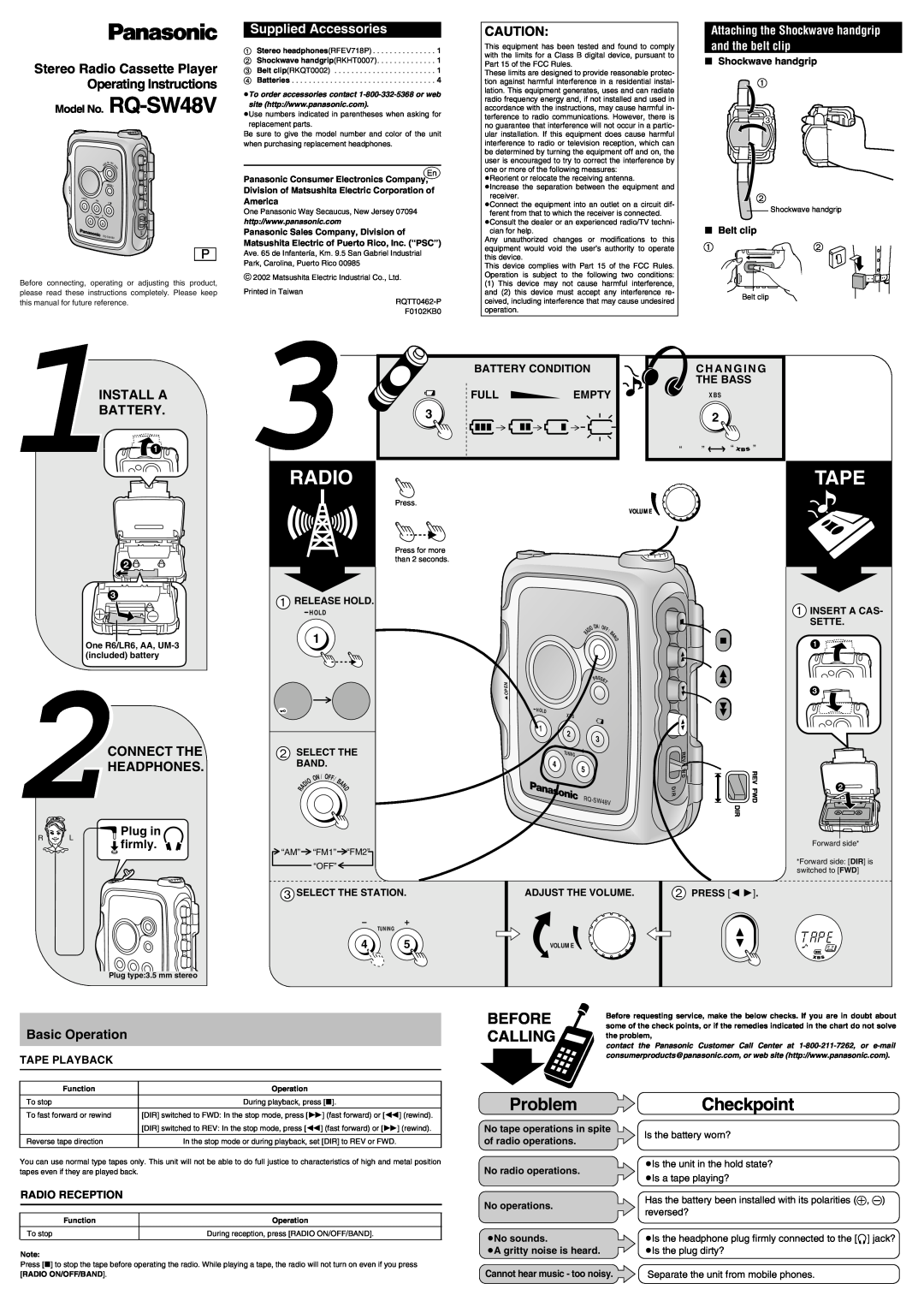 Panasonic manual Before, Calling, Basic Operation, Model No. RQ-SW48V, Battery Condition, The Bass, Full, Empty, Radio 