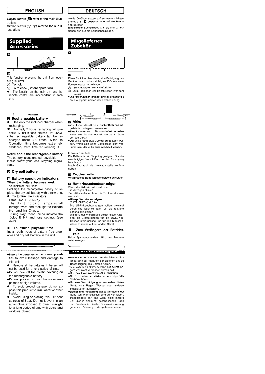 Panasonic RQ-SX45 Zeit, When the battery becomes weak The Indicator WiII flash, To extend playback time, Hinweis zurn Akku 