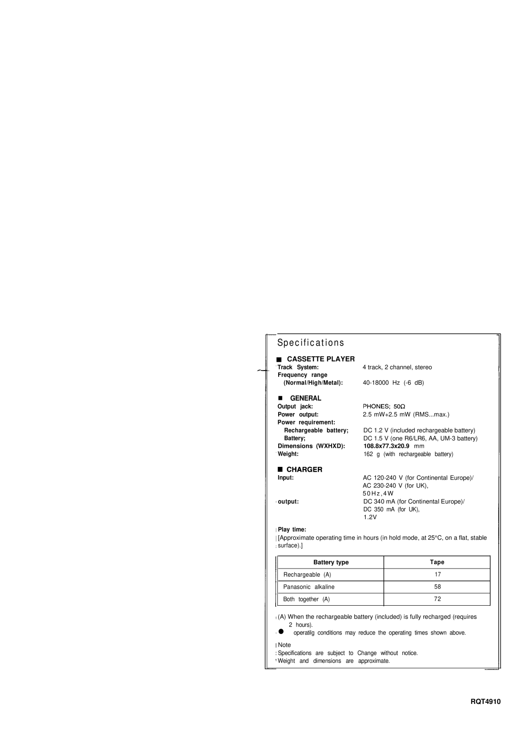 Panasonic RQ-SX45 manual General, RQT4910 