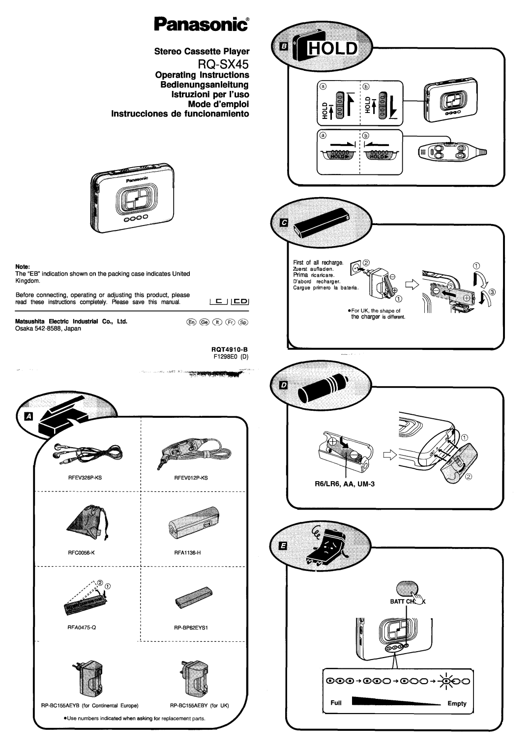 Panasonic RQ-SX45 manual Stereo Cassette Player, Operating Instructions, Instrucciones de funcionamiento 