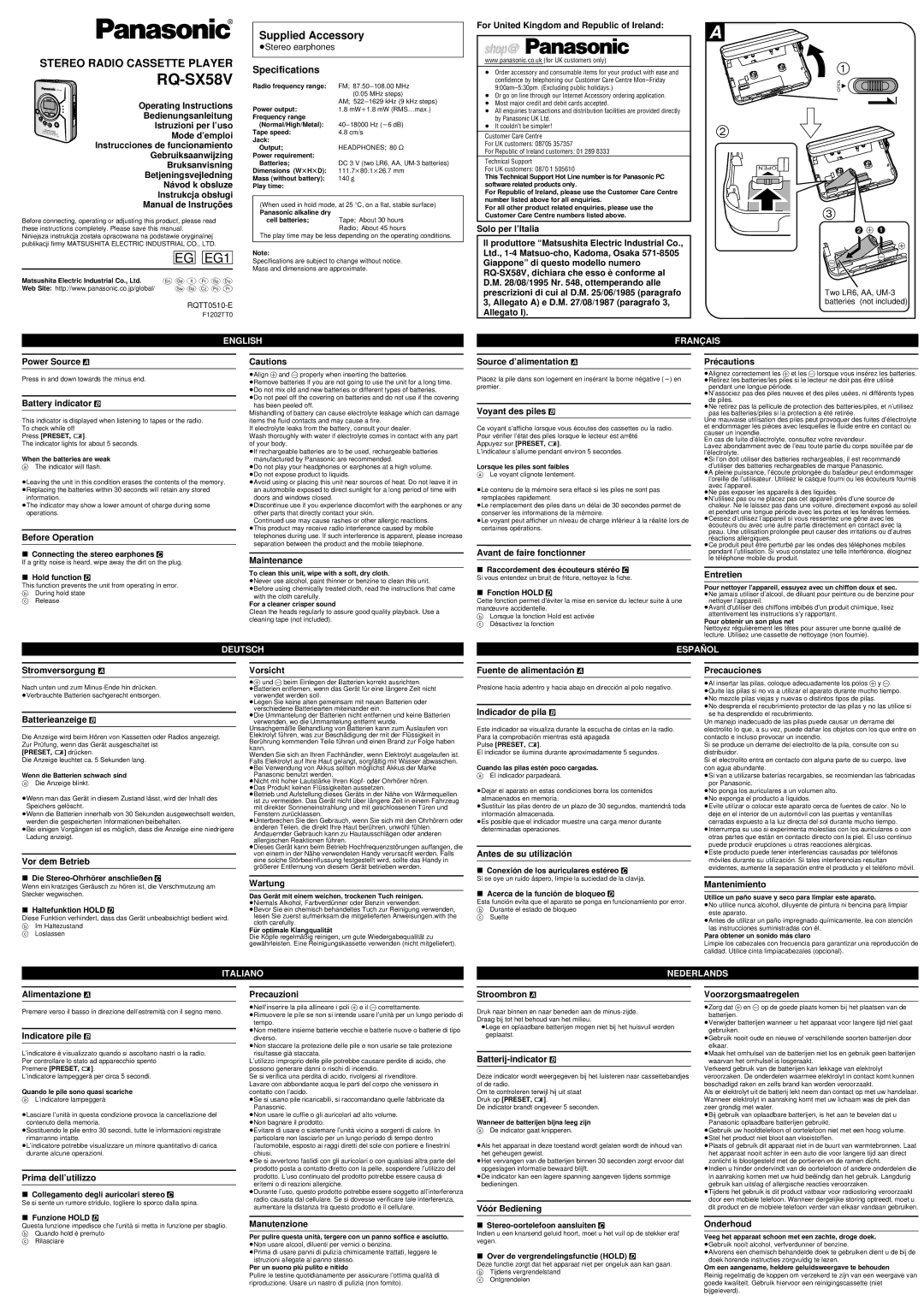 Panasonic RQ-SX58V specifications Operating Instructions, Bedienungsanleitung, Istruzioni per l’uso, Mode d’emploi 