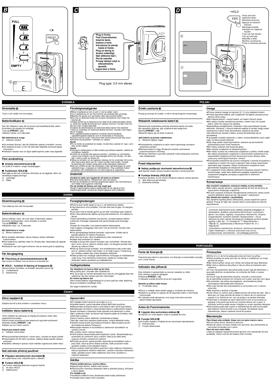 Panasonic RQ-SX58V Strö mkä lla a, Batteriindikator B, Fö re anvä ndning, Fö rsiktighetså tgä rder, Underhå ll 