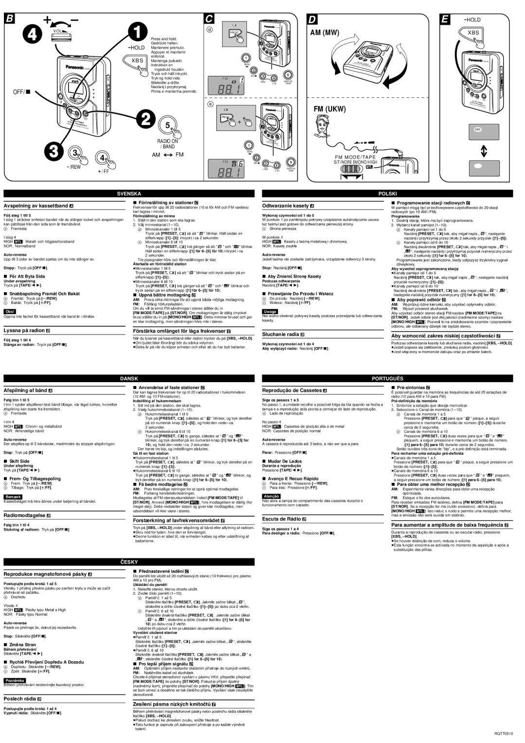 Panasonic RQ-SX58V Avspelning av kassettband a, Lyssna på radion B, Afspilning af bå nd a, Reproduçã o de Cassetes a 