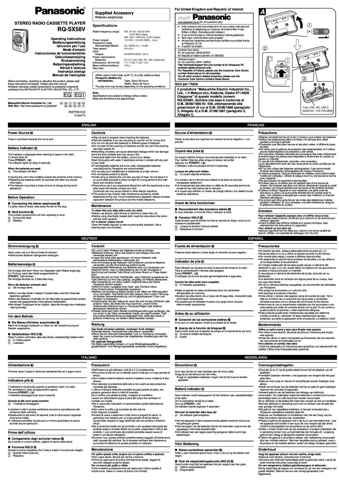 Panasonic RQ-SX58V specifications Specifications, English, Franç Ais, Deutsch, Españ Ol, Italiano, Nederlands 