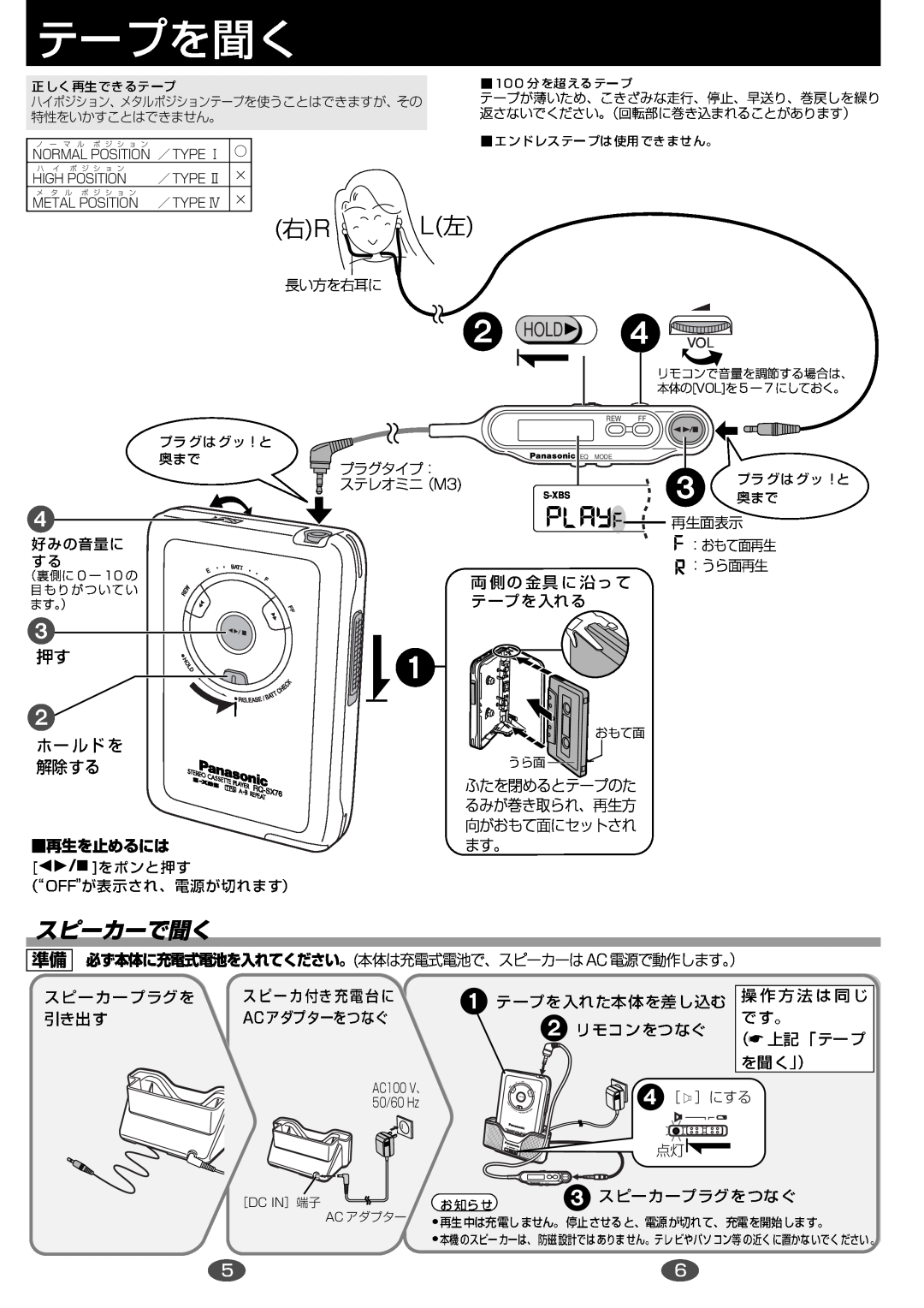 Panasonic RQ-SX76 HOLD4 VOL, 右r L左, スピーカーで聞く, 4［ ］にする, NORMAL POSITION ／ TYPE Ⅰ, ／ TYPE Ⅱ, High Position, ／ TYPE Ⅳ, S-Xbs 