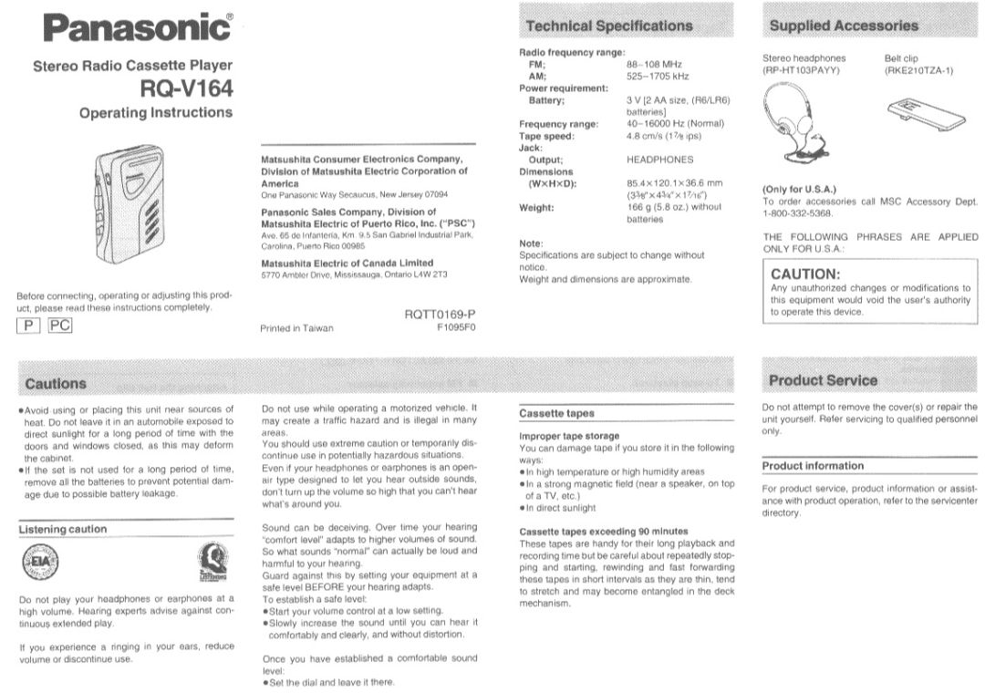 Panasonic RQ-V164 manual 