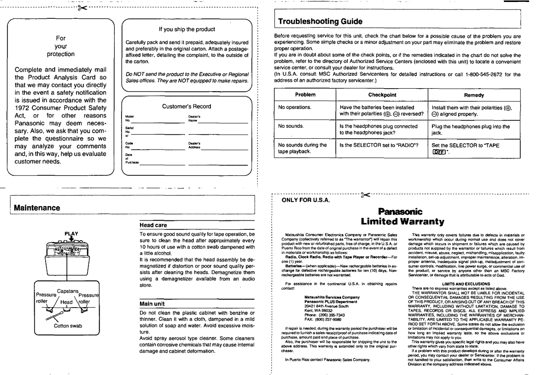 Panasonic RQ-V164 manual 