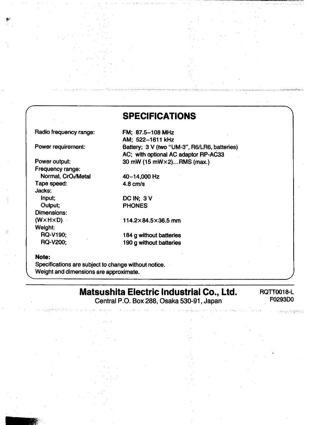 Panasonic RQ-V190, RQ-V200 manual 