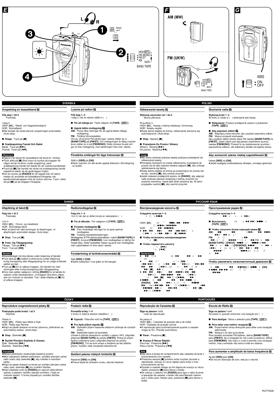 Panasonic RQ-V77 Sìuchanie radia E, Aby wzmocniã zakres niskiej czèstotliwoøci G, Reprodukce magnetofonové pásky D 