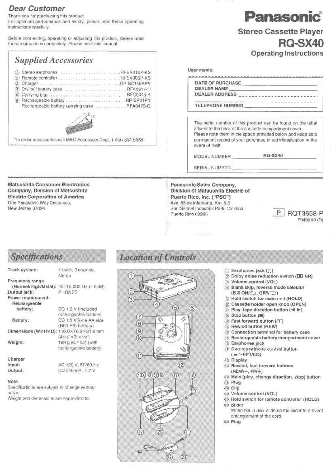 Panasonic RQSX40 manual 