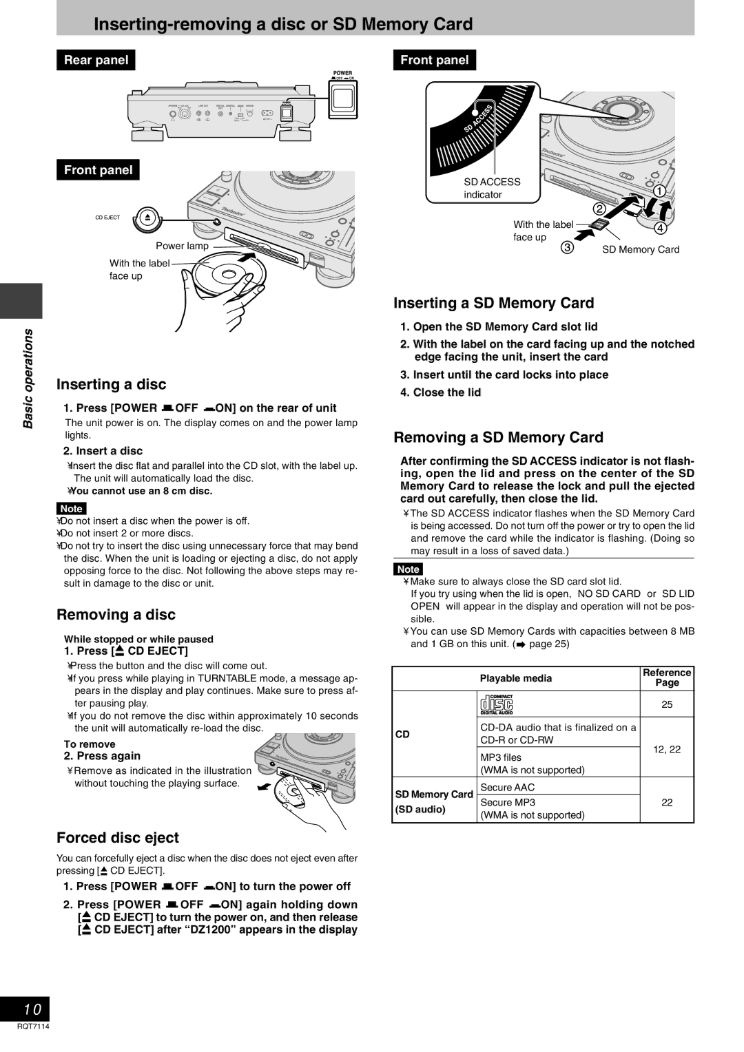 Panasonic RQT7114-2Y, SLDZ1200 manual Inserting-removing a disc or SD Memory Card 