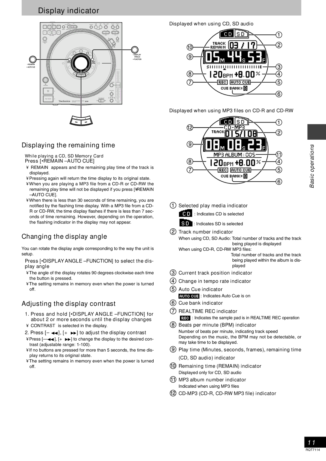 Panasonic SLDZ1200, RQT7114-2Y manual Display indicator, Displaying the remaining time, Changing the display angle 