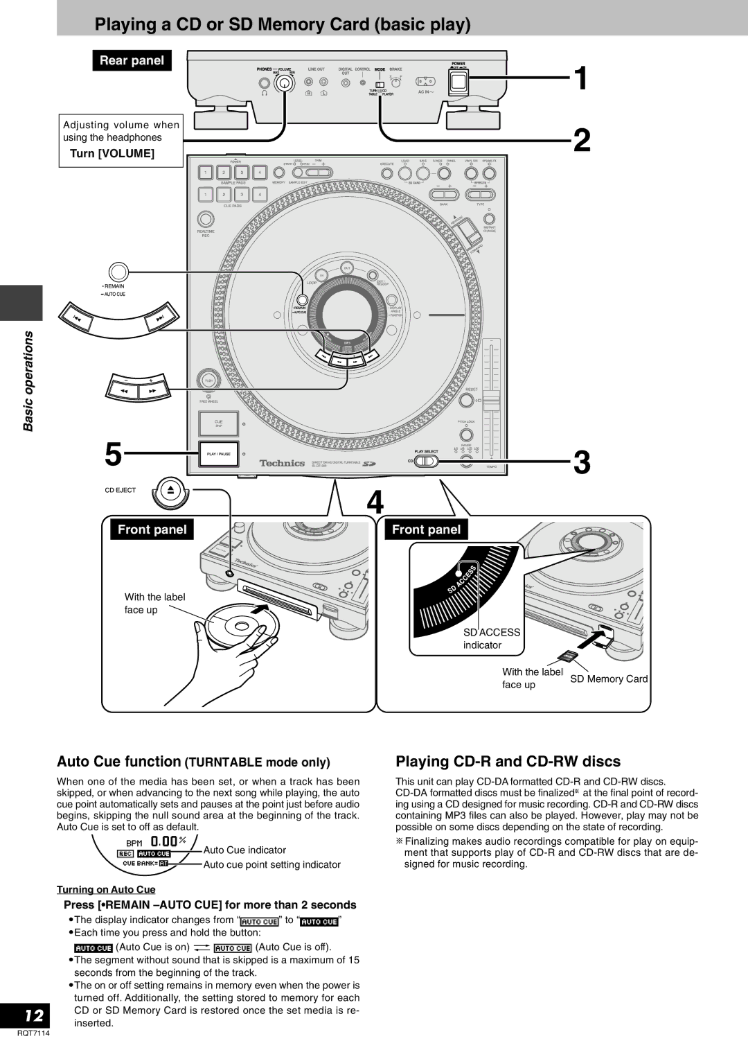 Panasonic RQT7114-2Y, SLDZ1200 manual Playing a CD or SD Memory Card basic play, Playing CD-R and CD-RW discs, Turn Volume 