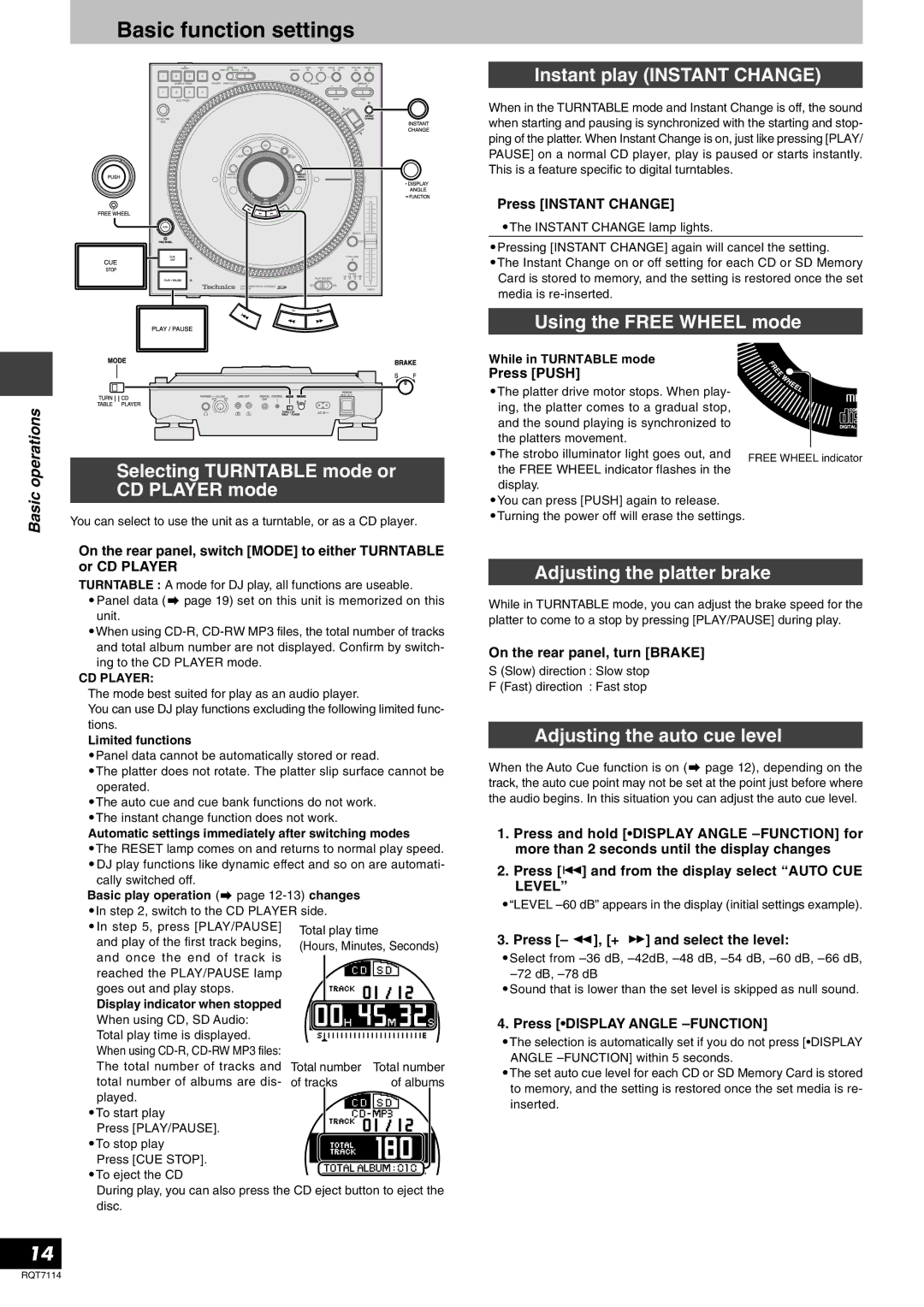 Panasonic RQT7114-2Y, SLDZ1200 manual Basic function settings, Instant play Instant Change, Using the Free Wheel mode 