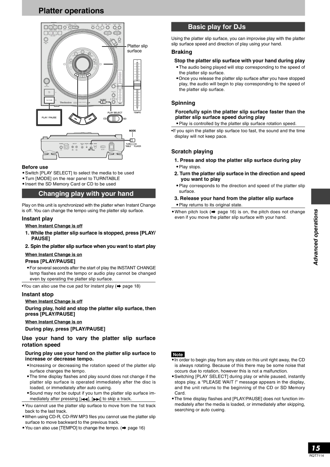 Panasonic SLDZ1200, RQT7114-2Y manual Platter operations, Changing play with your hand, Basic play for DJs, Advanced 