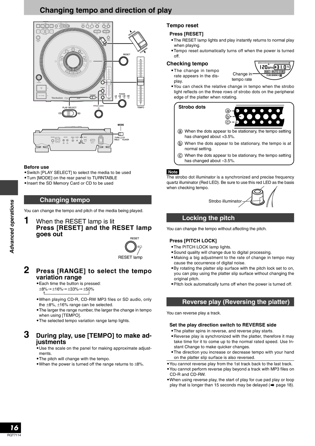 Panasonic RQT7114-2Y, SLDZ1200 Changing tempo and direction of play, Locking the pitch, Reverse play Reversing the platter 