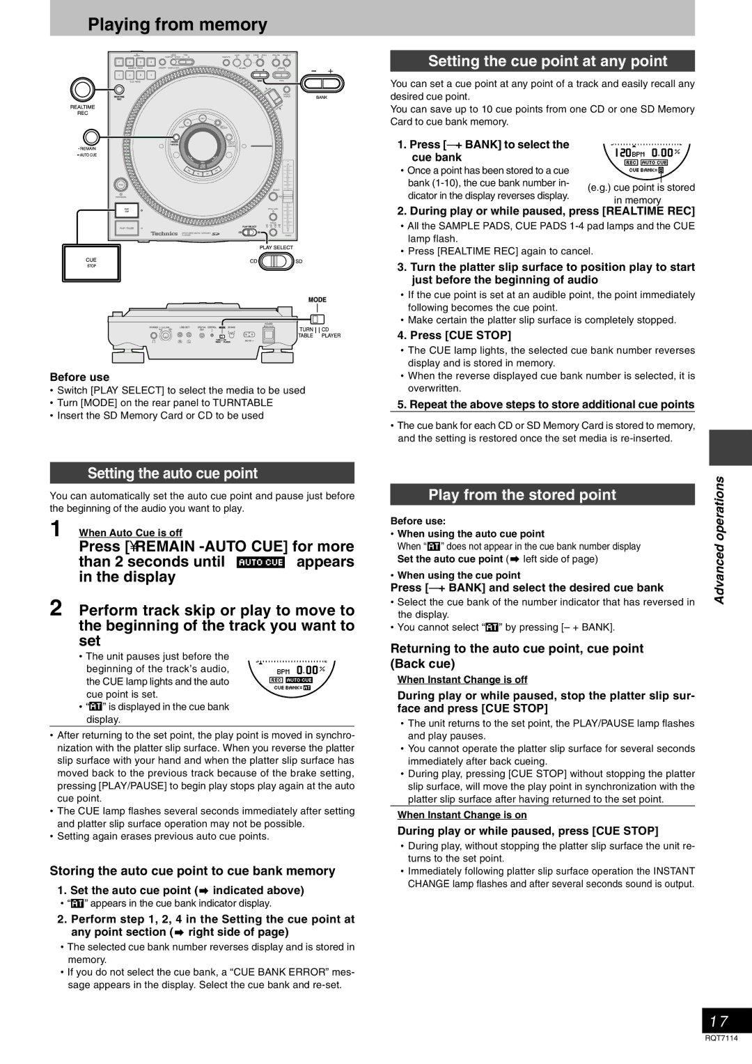 Panasonic SLDZ1200, RQT7114-2Y manual Playing from memory, Setting the cue point at any point, Setting the auto cue point 