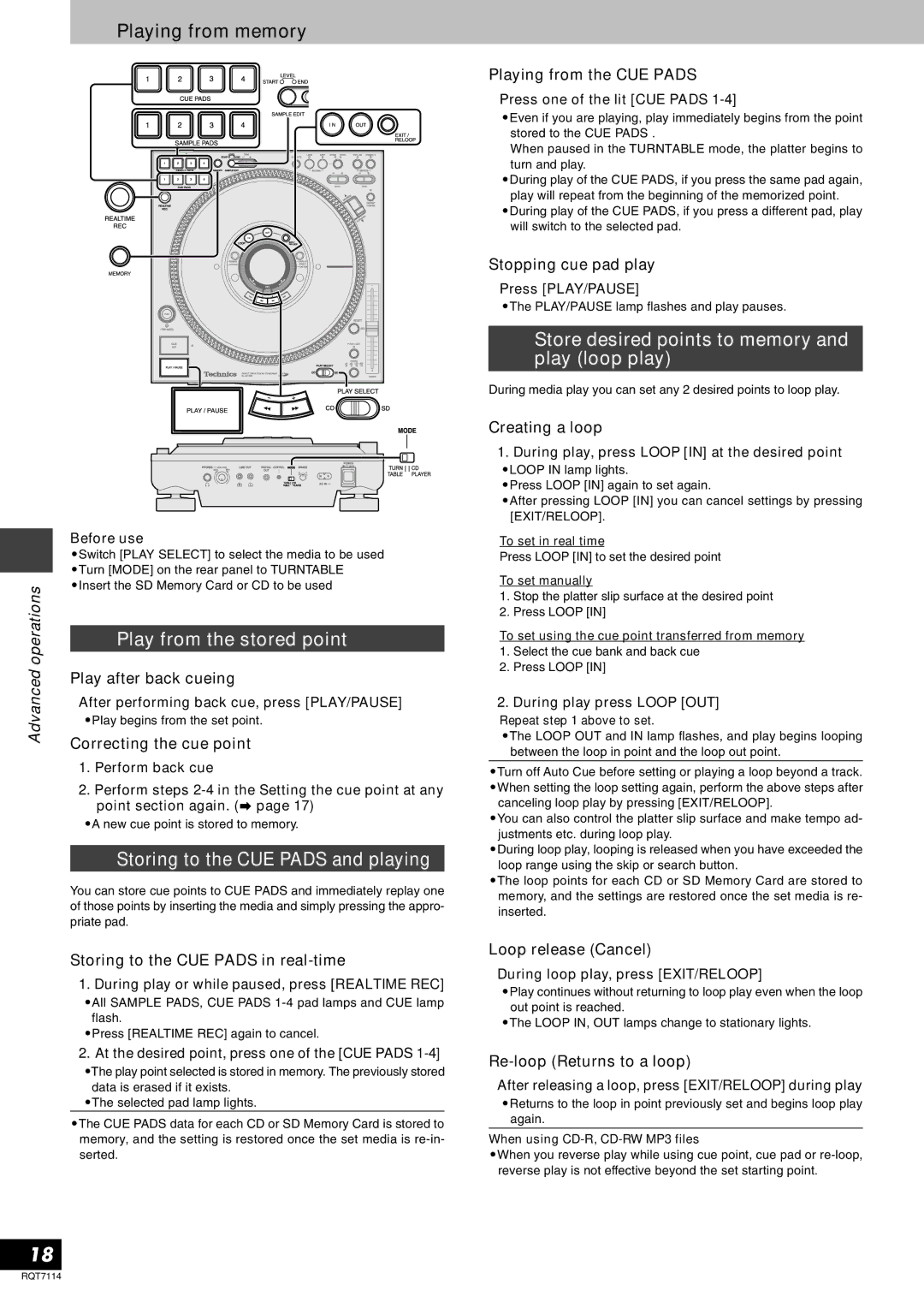 Panasonic RQT7114-2Y, SLDZ1200 manual Playing from memory, Play from the stored point, Storing to the CUE Pads and playing 