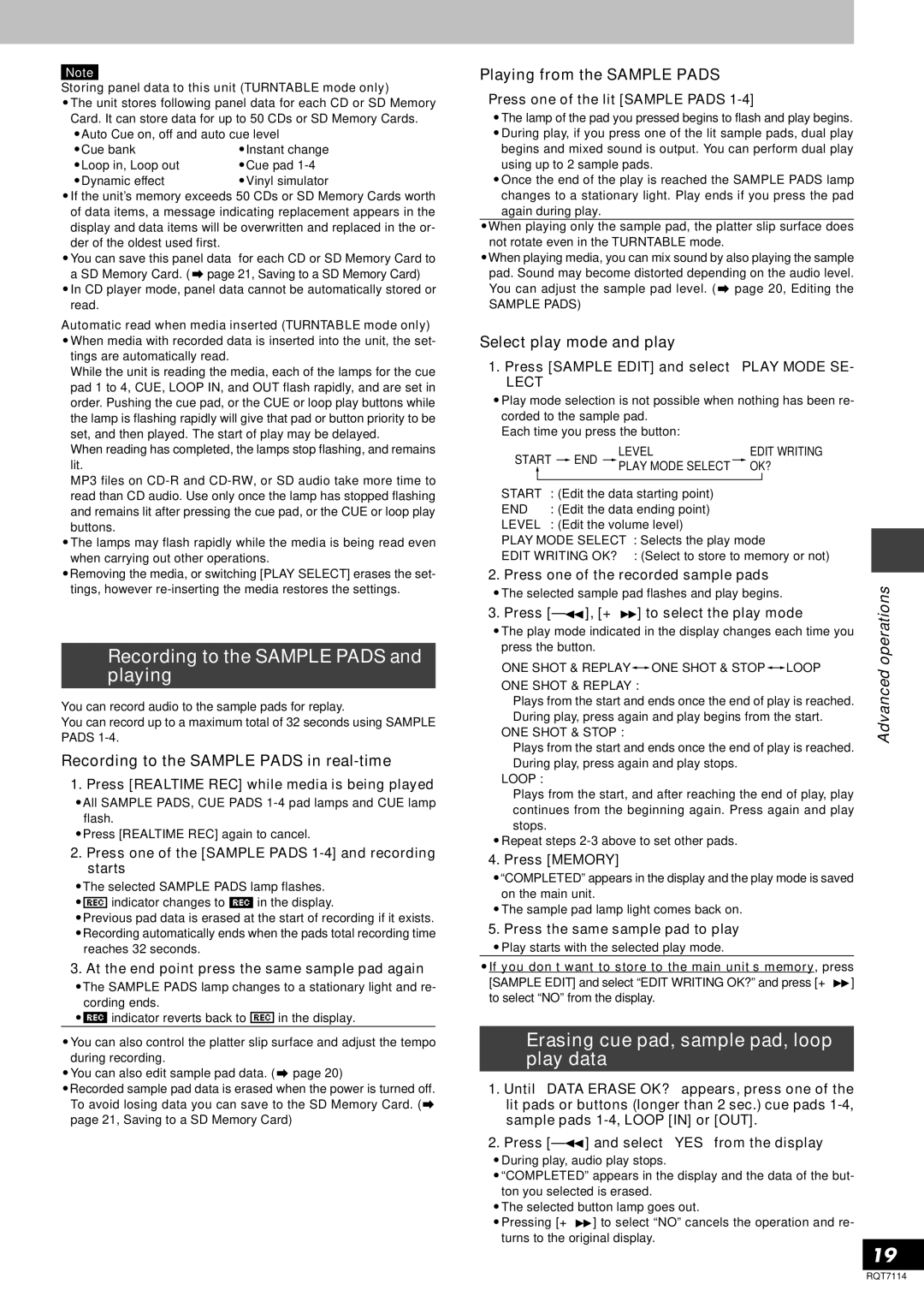 Panasonic SLDZ1200, RQT7114-2Y manual Recording to the Sample Pads and playing, Erasing cue pad, sample pad, loop play data 
