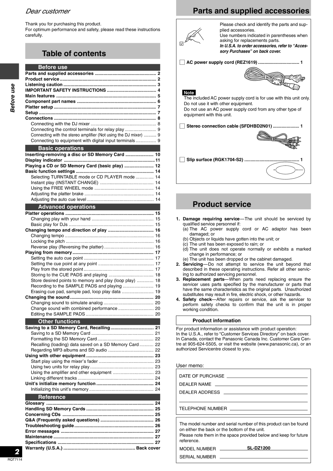 Panasonic RQT7114-2Y, SLDZ1200 manual Table of contents, Product service 