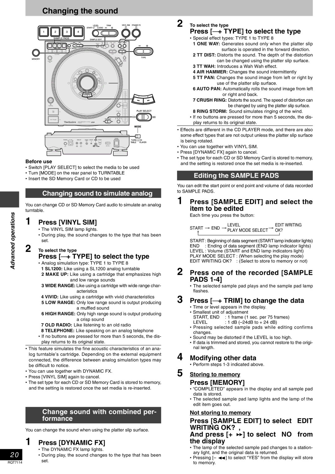 Panasonic RQT7114-2Y manual Changing the sound, Changing sound to simulate analog, Change sound with combined per, Formance 