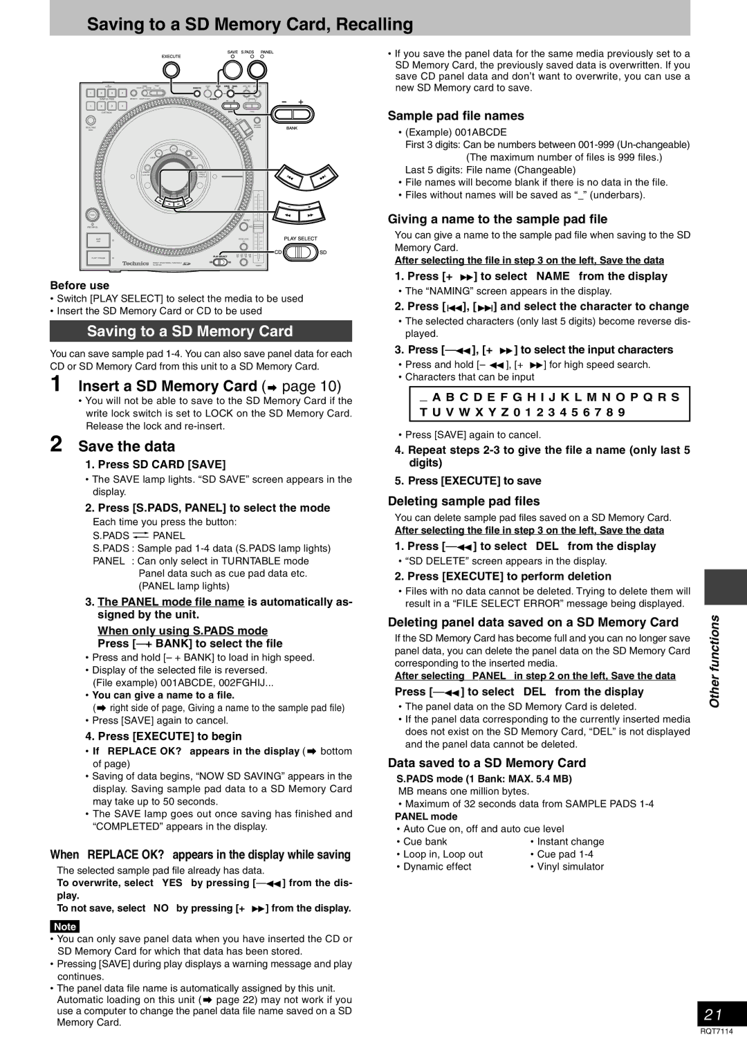 Panasonic SLDZ1200 manual Saving to a SD Memory Card, Recalling, Insert a SD Memory Card, Save the data, Other functions 