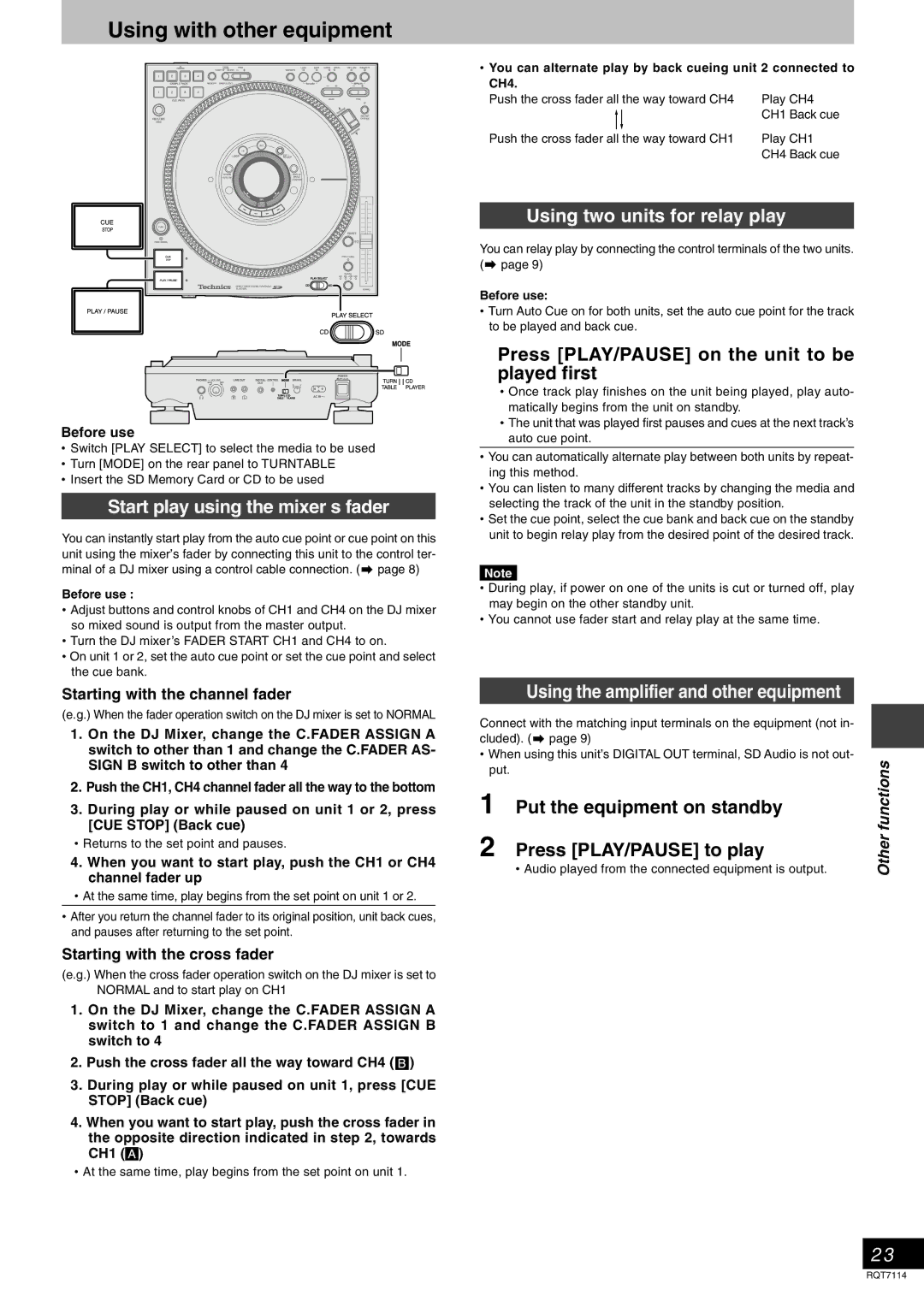 Panasonic SLDZ1200 manual Using with other equipment, Start play using the mixer’s fader, Using two units for relay play 