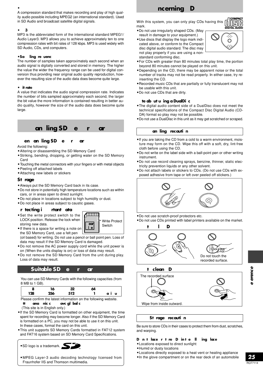 Panasonic SLDZ1200, RQT7114-2Y manual Handling SD Memory Cards, Concerning CDs, Suitable SD Memory Cards 