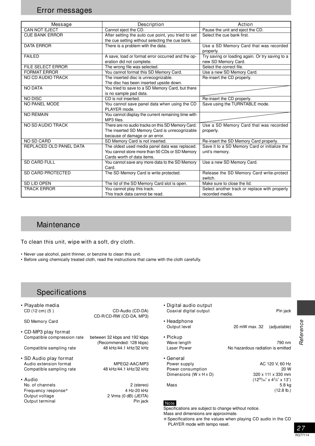 Panasonic SLDZ1200 manual Error messages, Maintenance, Specifications, To clean this unit, wipe with a soft, dry cloth 