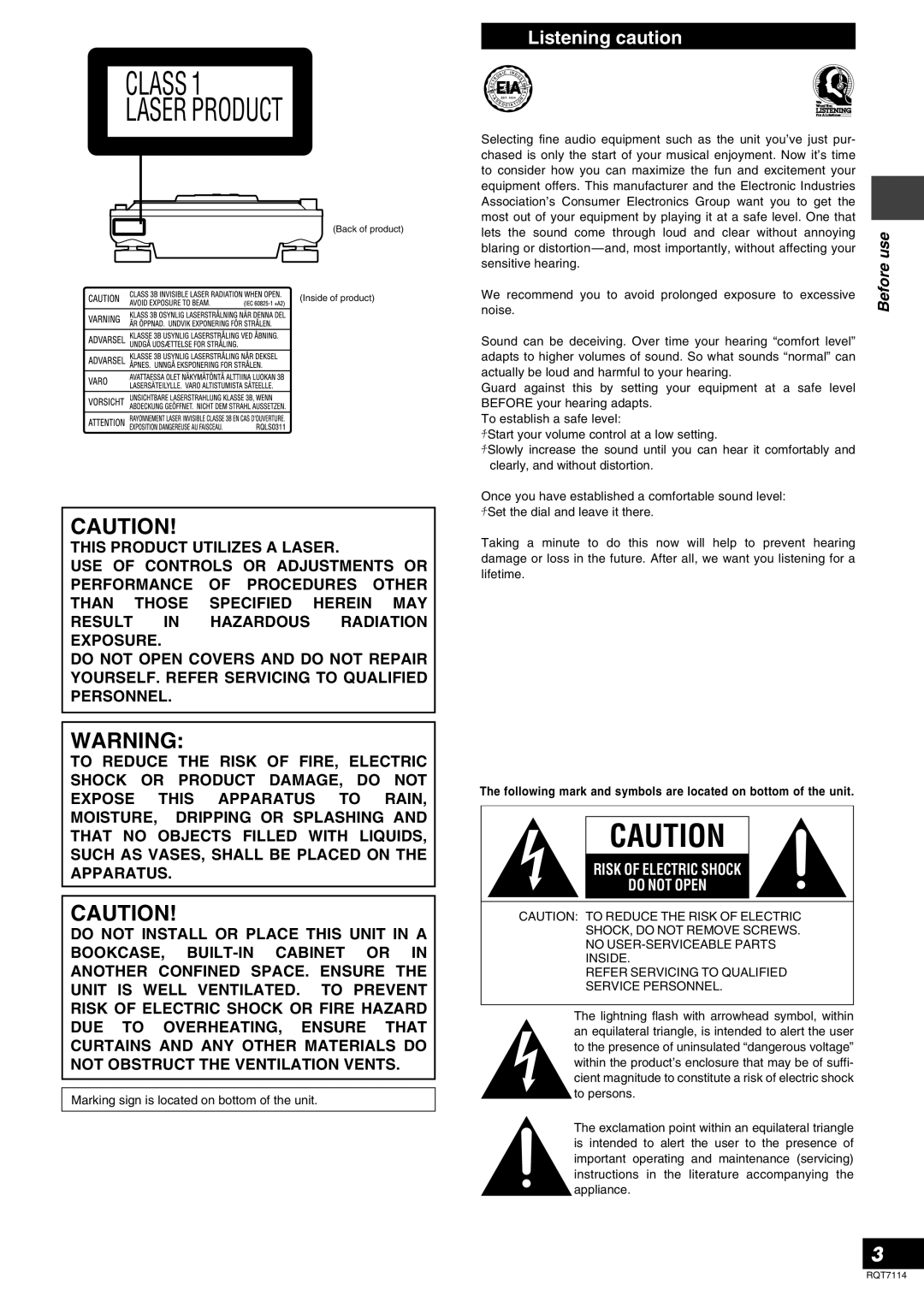 Panasonic SLDZ1200, RQT7114-2Y manual Listening caution, Use 