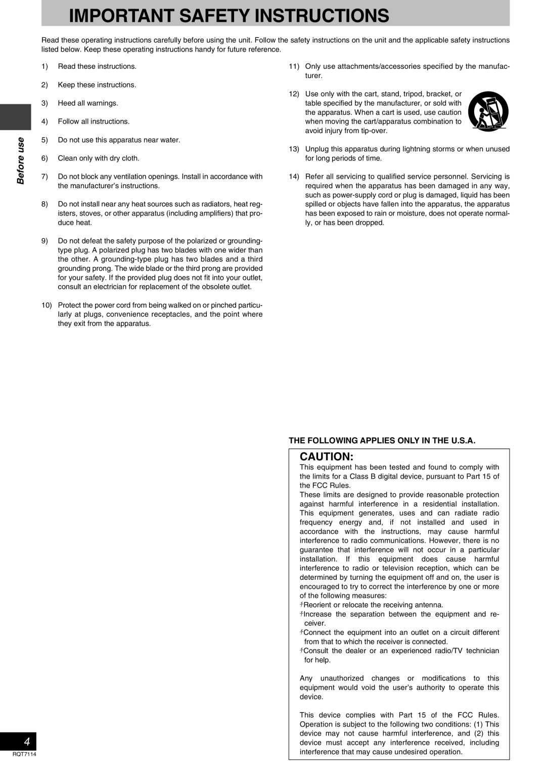 Panasonic RQT7114-2Y, SLDZ1200 manual Important Safety Instructions, Before use 