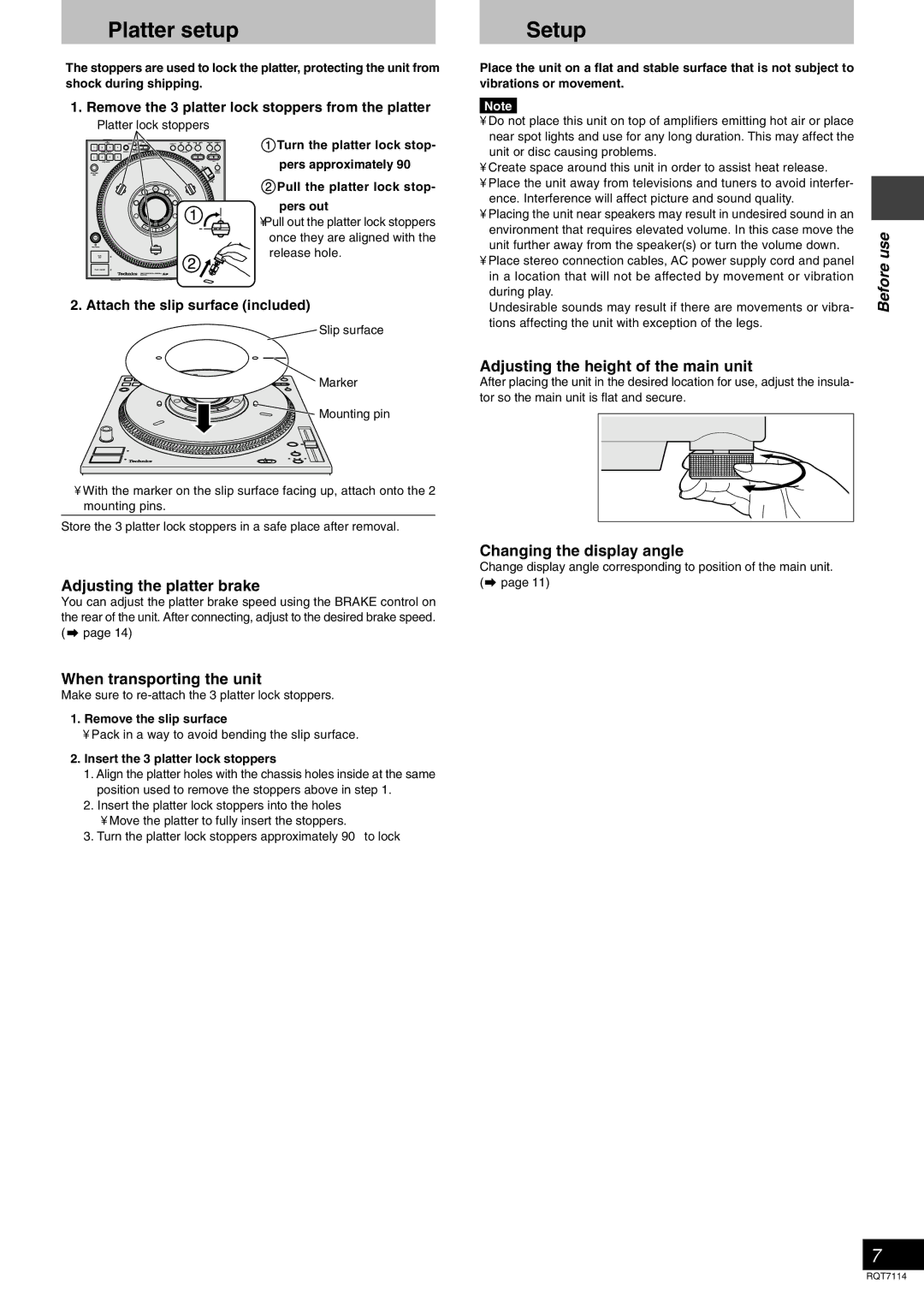 Panasonic SLDZ1200, RQT7114-2Y manual Platter setup, Setup 