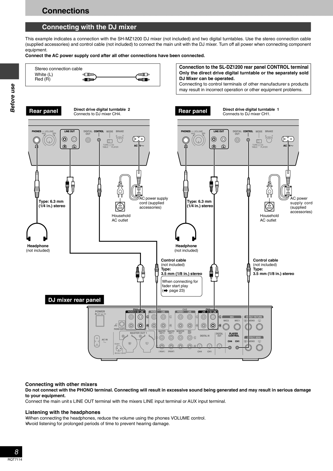 Panasonic RQT7114-2Y, SLDZ1200 manual Connections, Connecting with the DJ mixer, Connecting with other mixers 