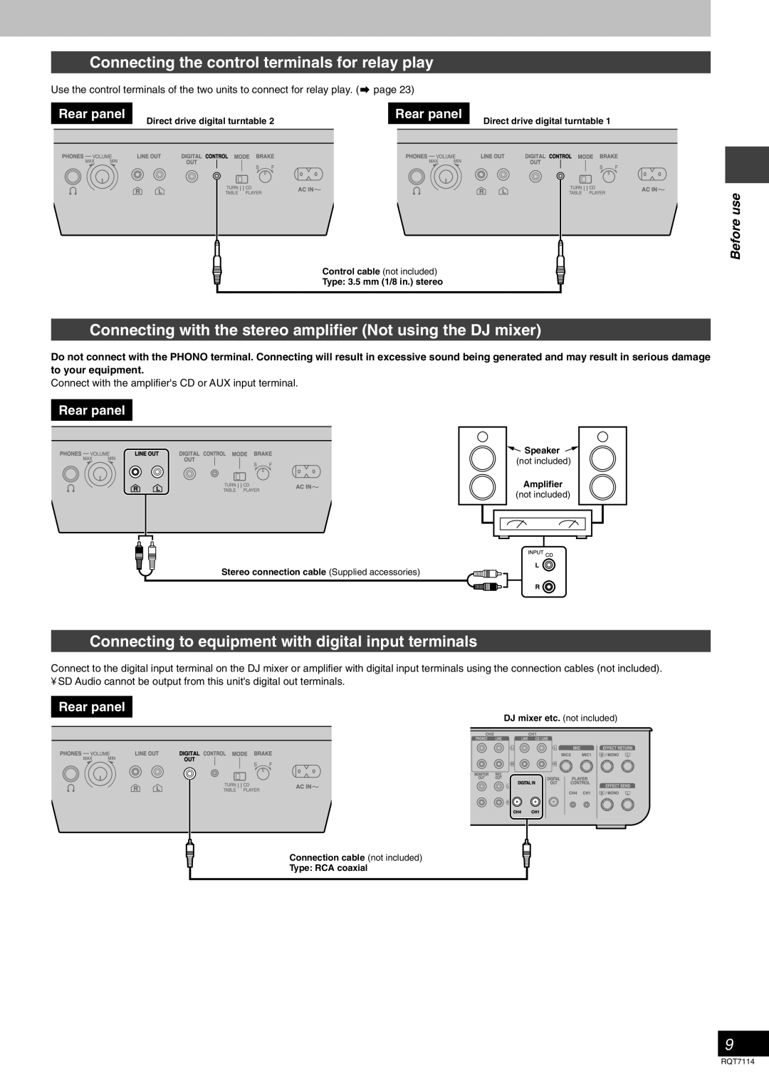 Panasonic SLDZ1200 Connecting the control terminals for relay play, Connecting to equipment with digital input terminals 