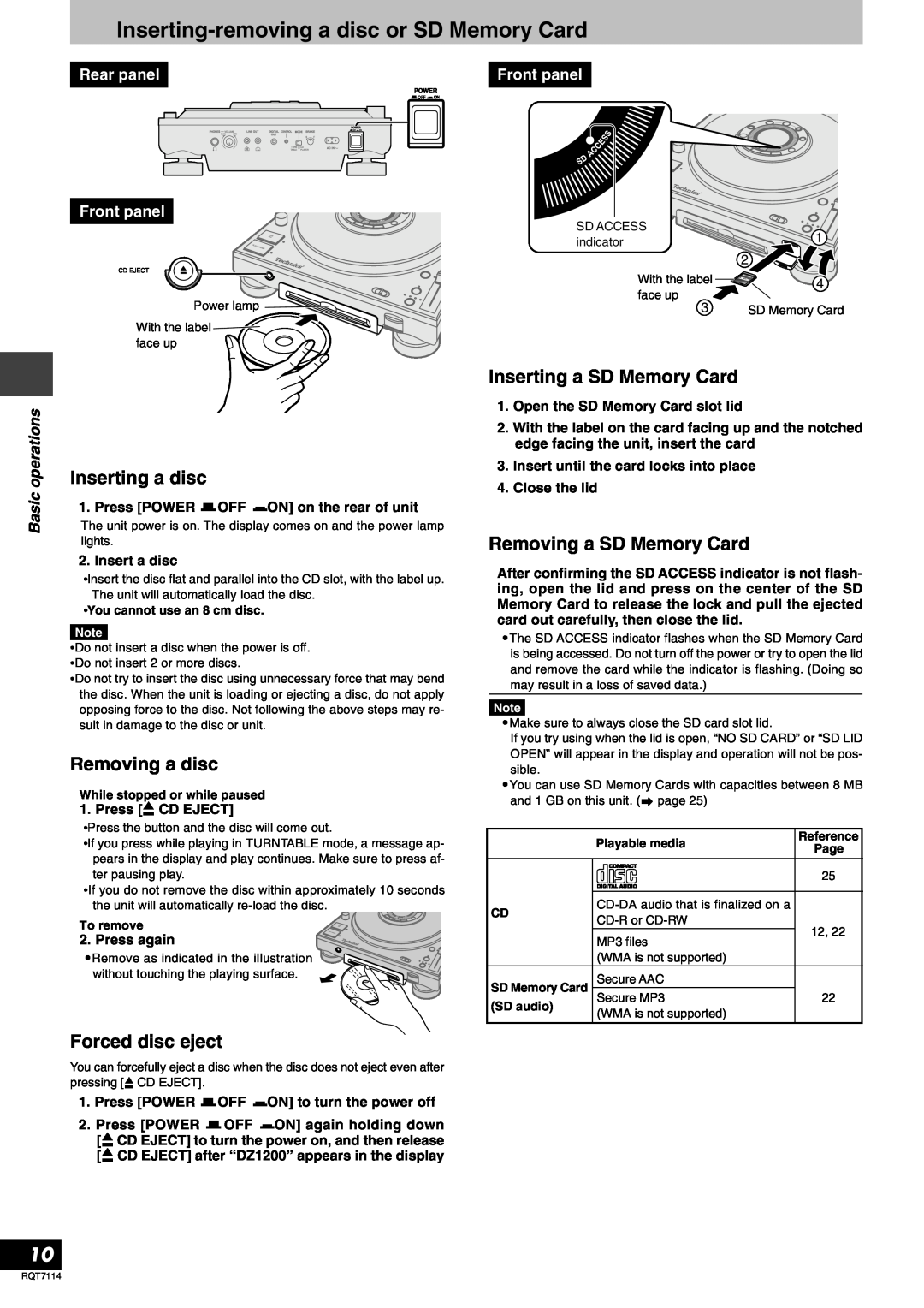 Panasonic RQT7114-2Y Inserting-removinga disc or SD Memory Card, Inserting a disc, Removing a disc, Forced disc eject 