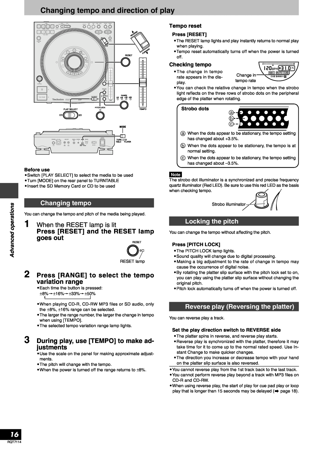 Panasonic RQT7114-2Y Changing tempo and direction of play, When the RESET lamp is lit, Locking the pitch, Tempo reset 
