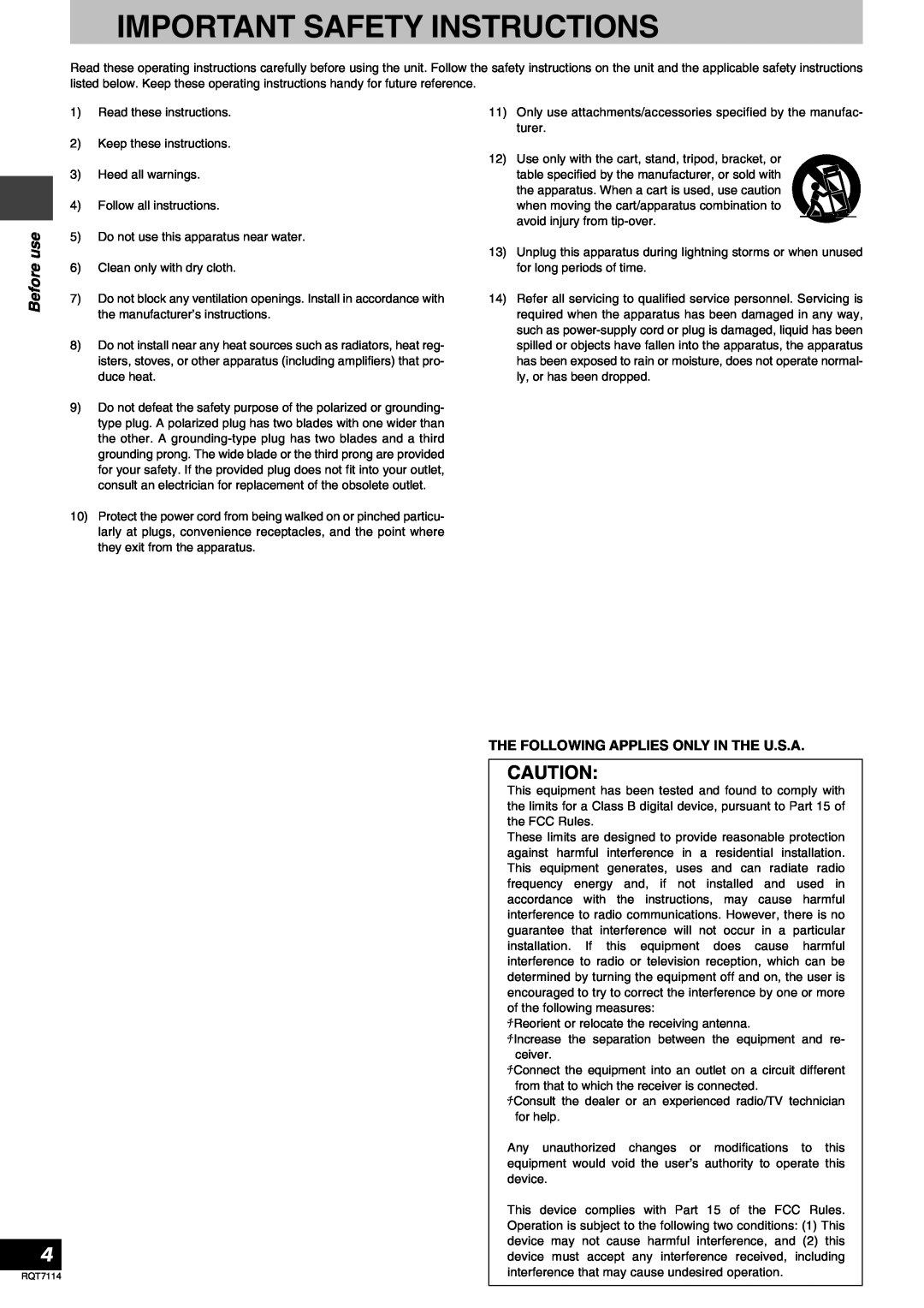 Panasonic RQT7114-2Y, SLDZ1200 manual Before use, Important Safety Instructions 