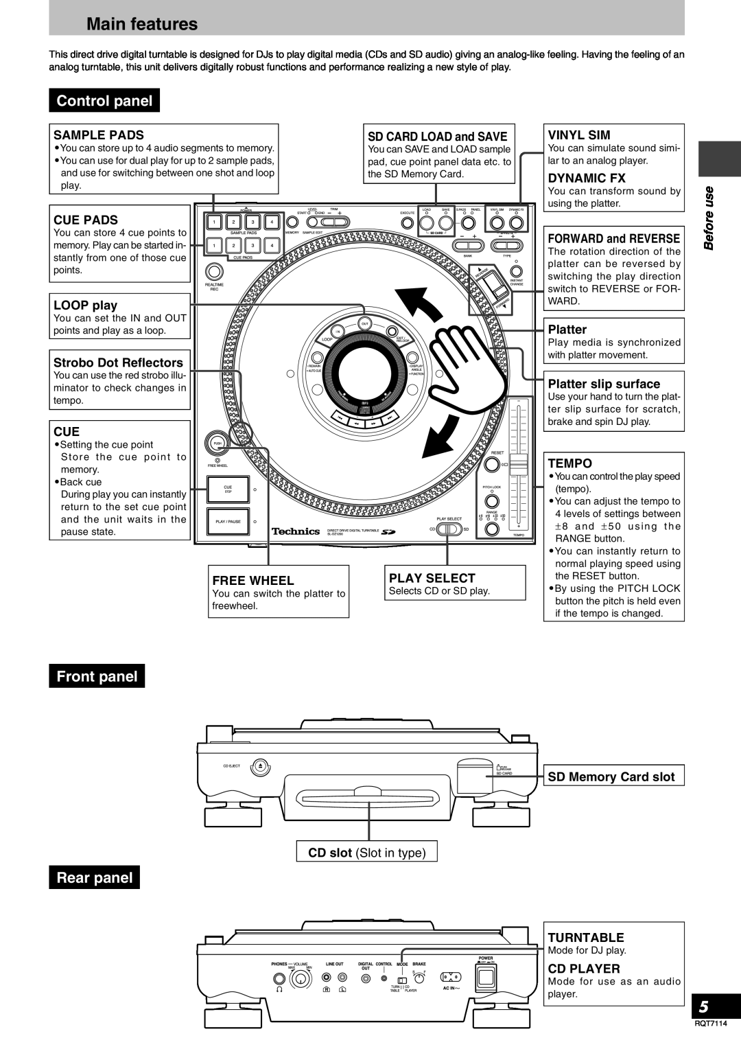 Panasonic SLDZ1200 Main features, Control panel, Front panel, Rear panel, Sample Pads, Cue Pads, LOOP play, Vinyl Sim 