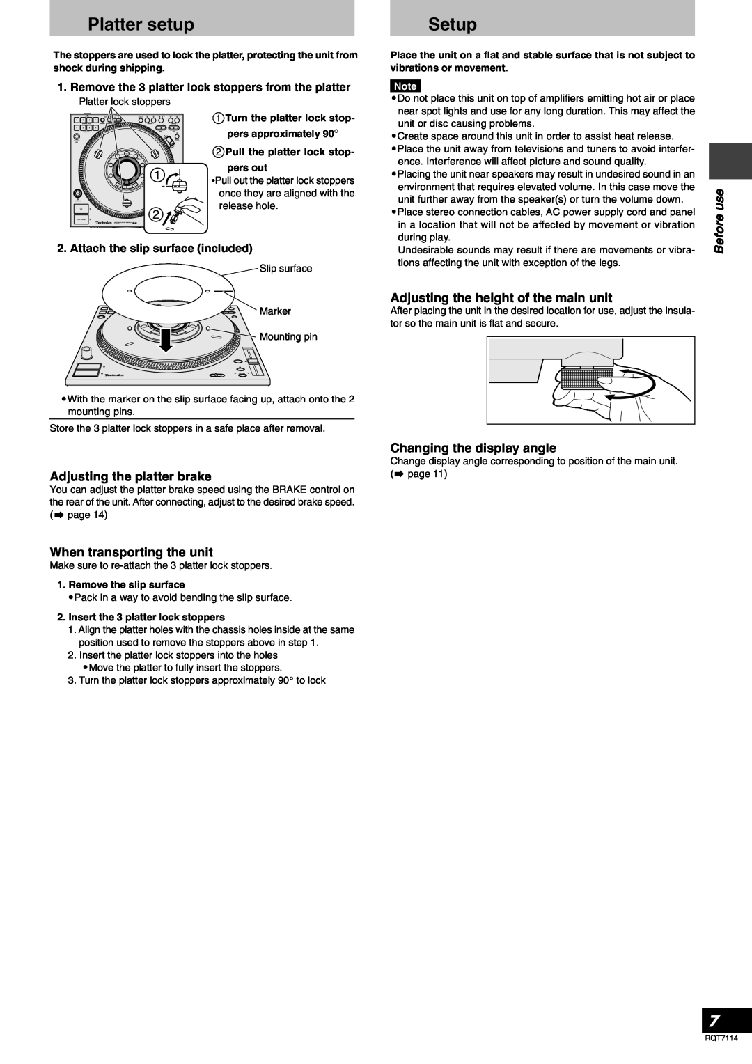 Panasonic SLDZ1200, RQT7114-2Y Platter setup, Setup, Adjusting the platter brake, When transporting the unit, Before use 