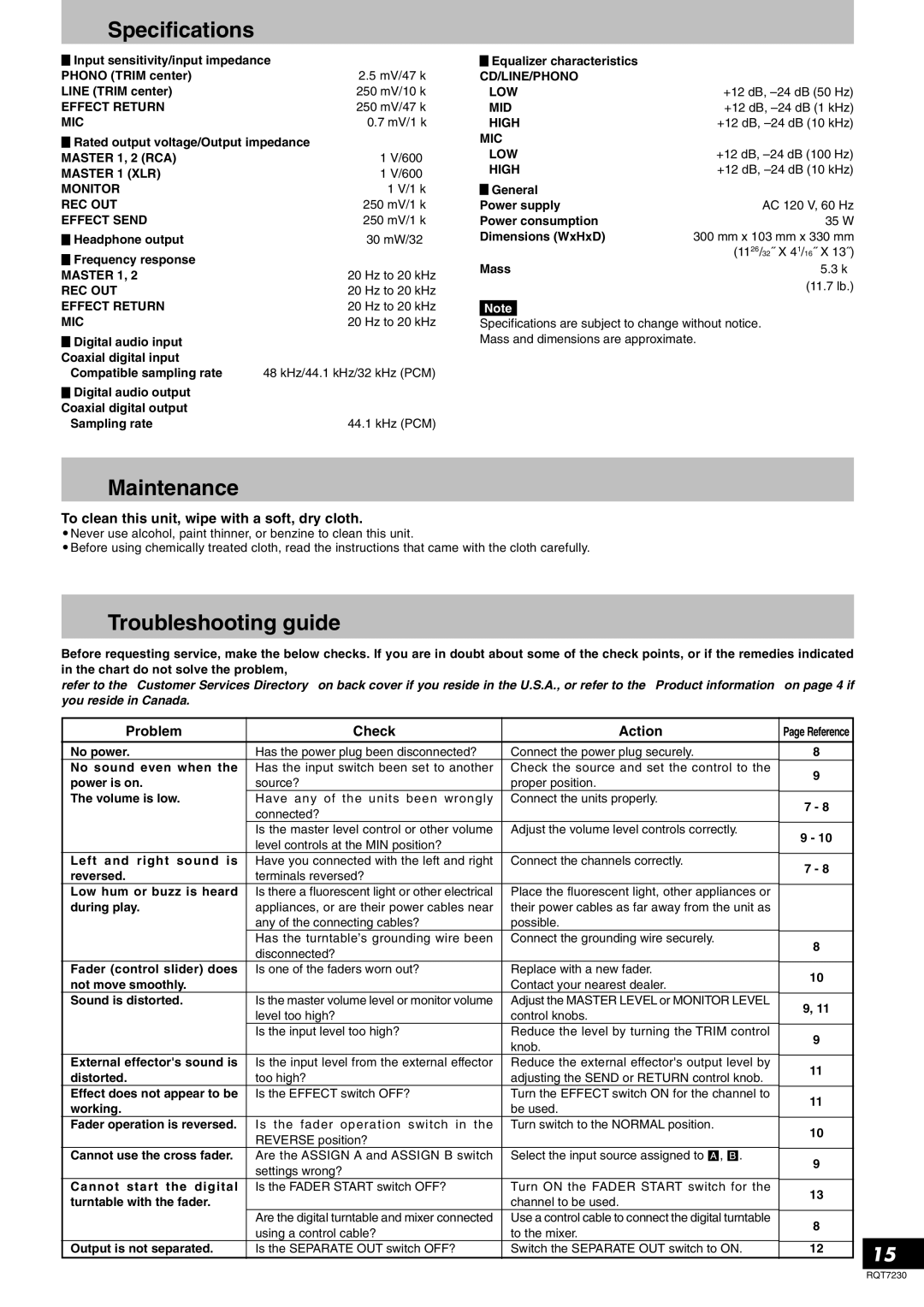 Panasonic SH-MZ1200 Specifications, Maintenance, Troubleshooting guide, To clean this unit, wipe with a soft, dry cloth 