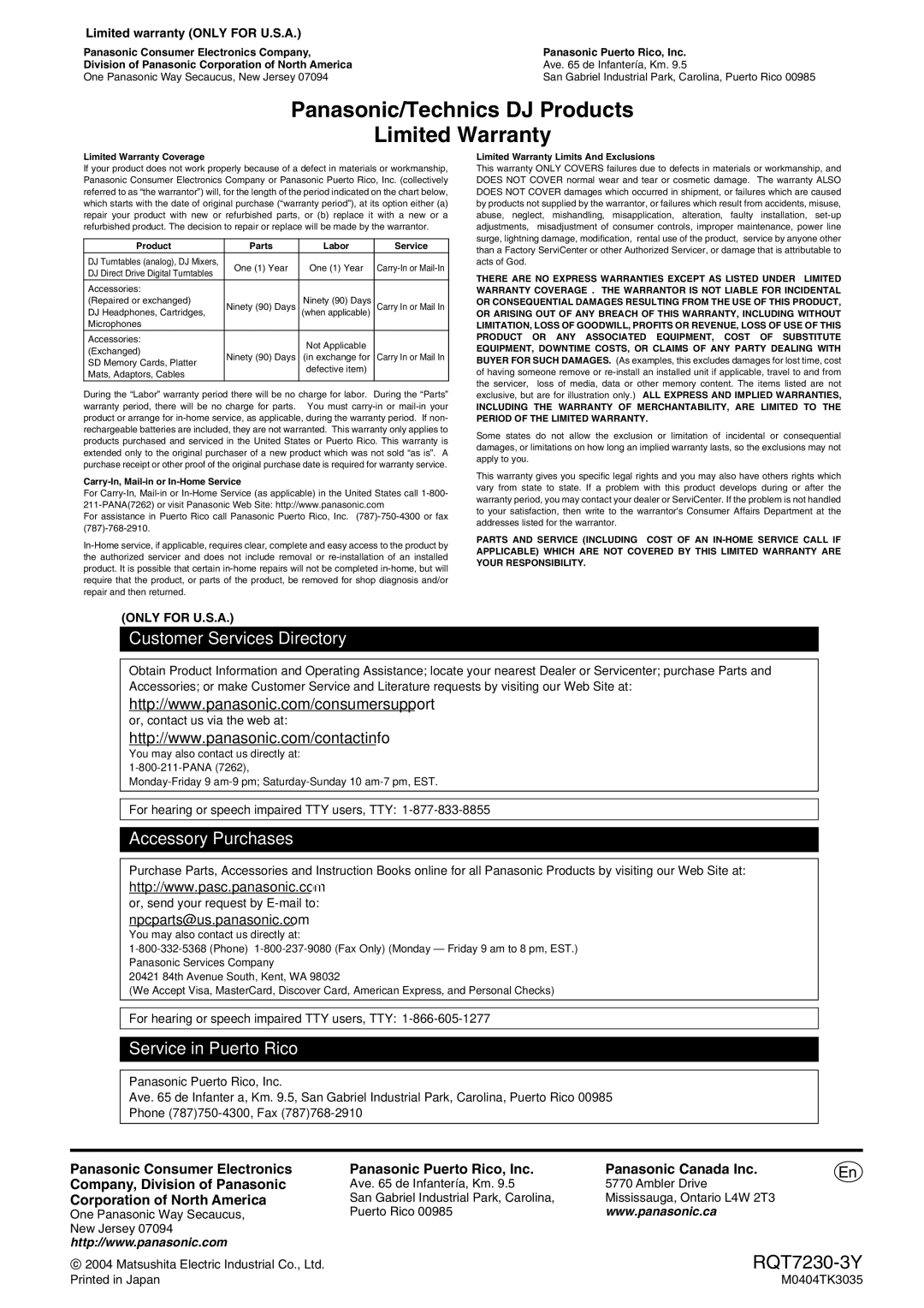 Panasonic RQT7230-3Y, SH-MZ1200 Panasonic/Technics DJ Products Limited Warranty, Corporation of North America 