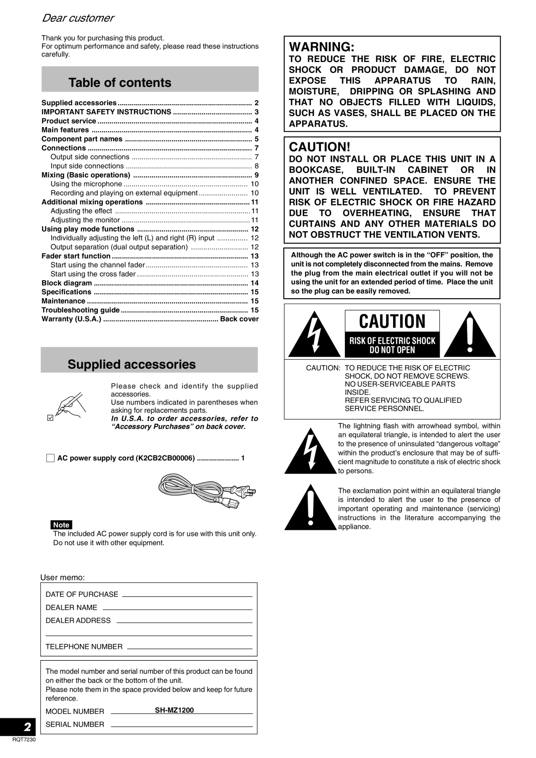 Panasonic RQT7230-3Y, SH-MZ1200 operating instructions Table of contents, Supplied accessories 