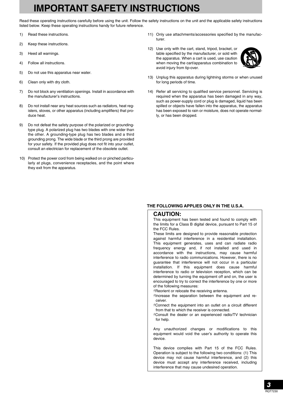 Panasonic SH-MZ1200, RQT7230-3Y operating instructions Important Safety Instructions 