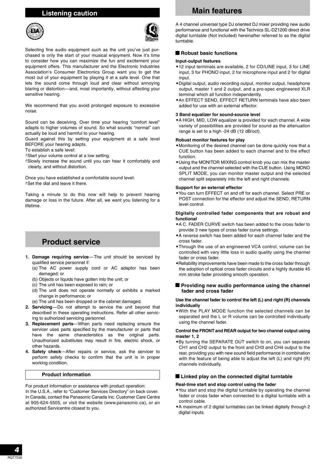 Panasonic RQT7230-3Y, SH-MZ1200 operating instructions Product service, Main features, Listening caution 